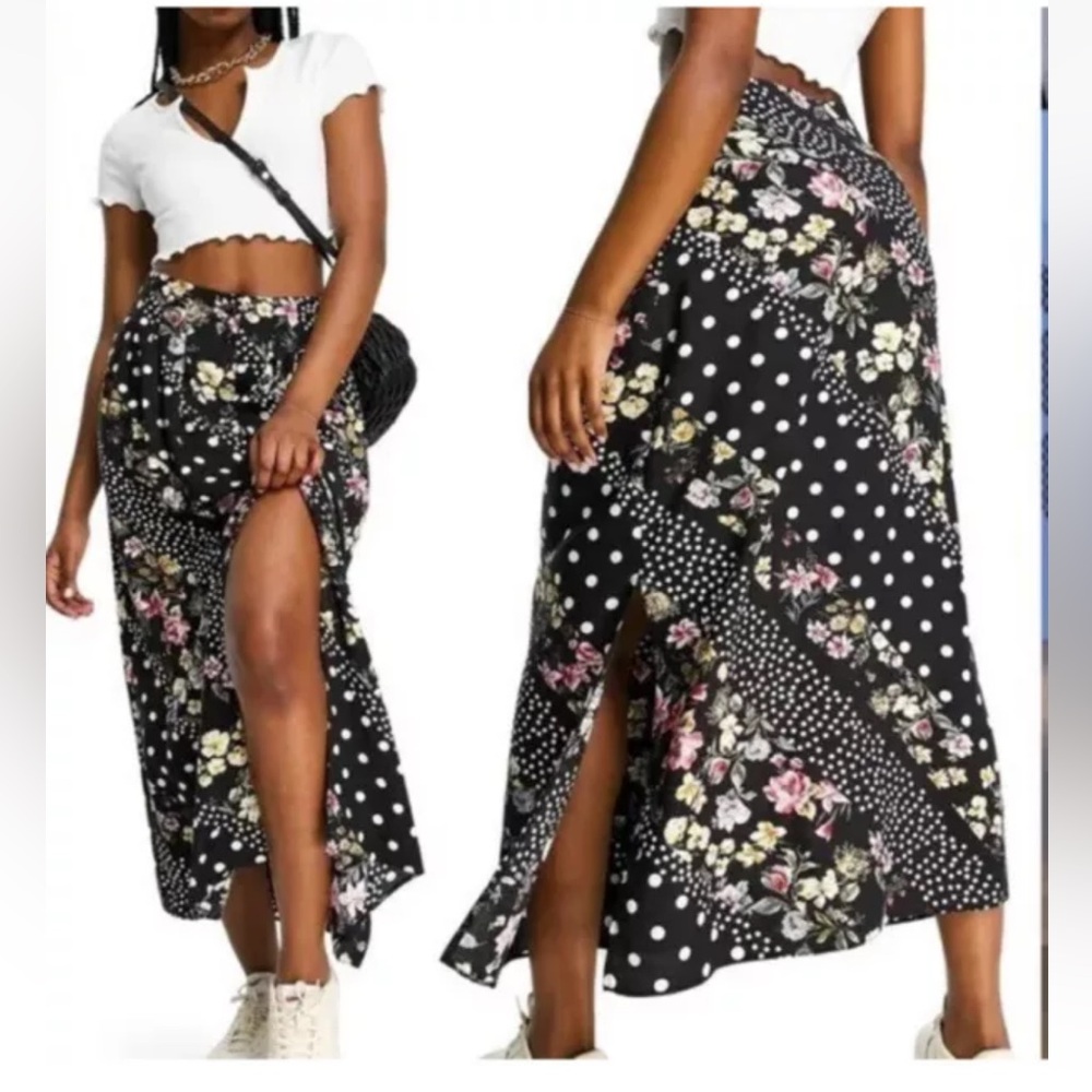 ASOS Black Floral & Polka Dot Split Maxi Skirt